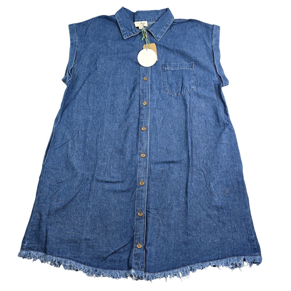 Umgee Denim Dress Women 2XL Blue Frayed Hem Sleeveless Button Down Shift Western